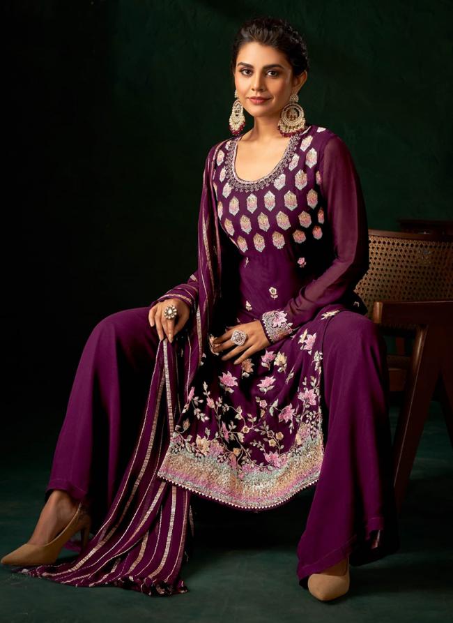 Pure Viscose Wine Party Wear Khatli Work Plazzo Suit